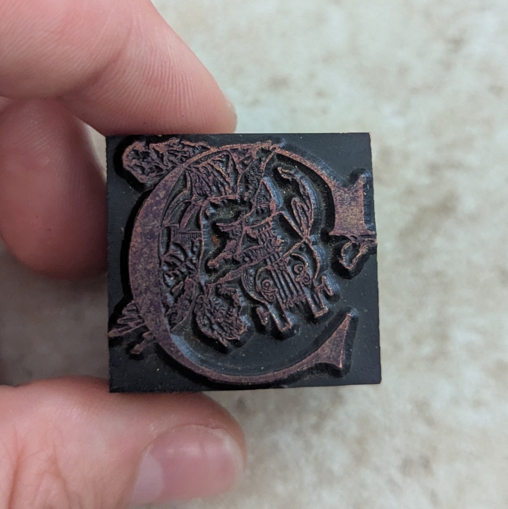 Copper C Stamp On Wood Antique Intricate Detailing
